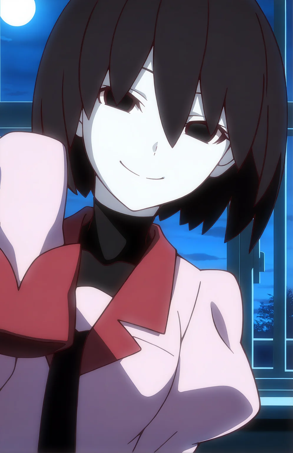 masterpiece, best quality, amazing quality, dramatic light, OshinoOugi. 1girl, pale skin, bob cut, black hair, empty eyes, school uniform, pink shirt, black necktie, turtleneck, black undershirt, puffy sleeves, long sleeves, sleeves past fingers, classroom, night time, window, moon, (portrait, smile, face focus, close-up)