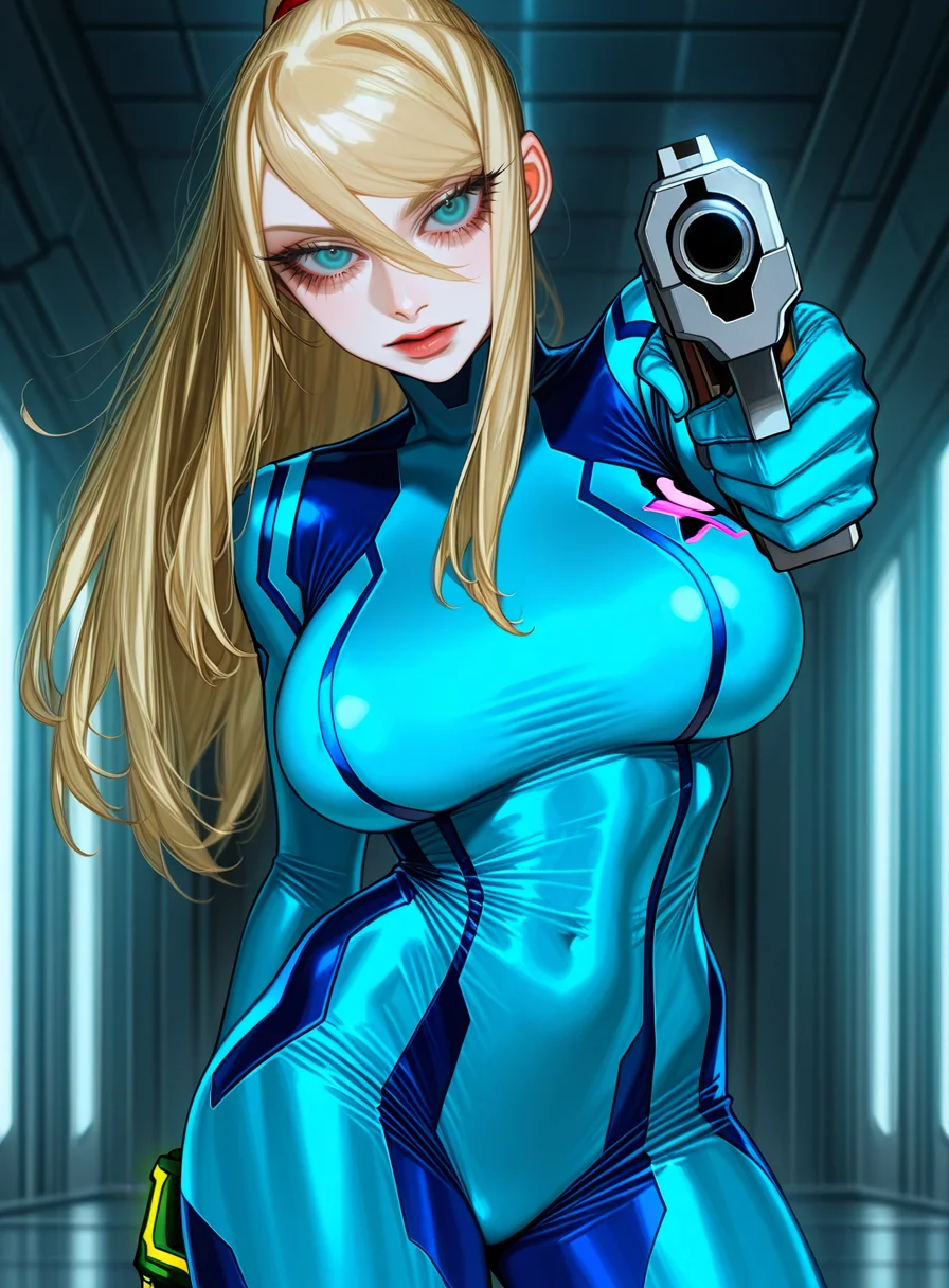 masterpiece, best quality, very aesthetic,gloss,uncensored
BREAK
samus_aran, metroid, 1girl, blonde_hair, blue_eyes, blue jumpsuit, handgun, holding gun, looking at viewer, aiming at viewer, space station, indoors, large breasts,
<lora:Au_(D_Elete)-ill-Fandingo:1>