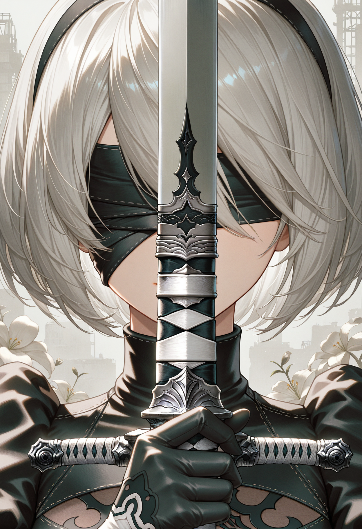 masterpiece, best quality, absurdres, highres, newest, 1girl, solo, <lora:swordsalute-pose-richy-v1_ixl:1> swordup, close-up, holding sword, gloves, 2b \(nier:automata\), blindfold,