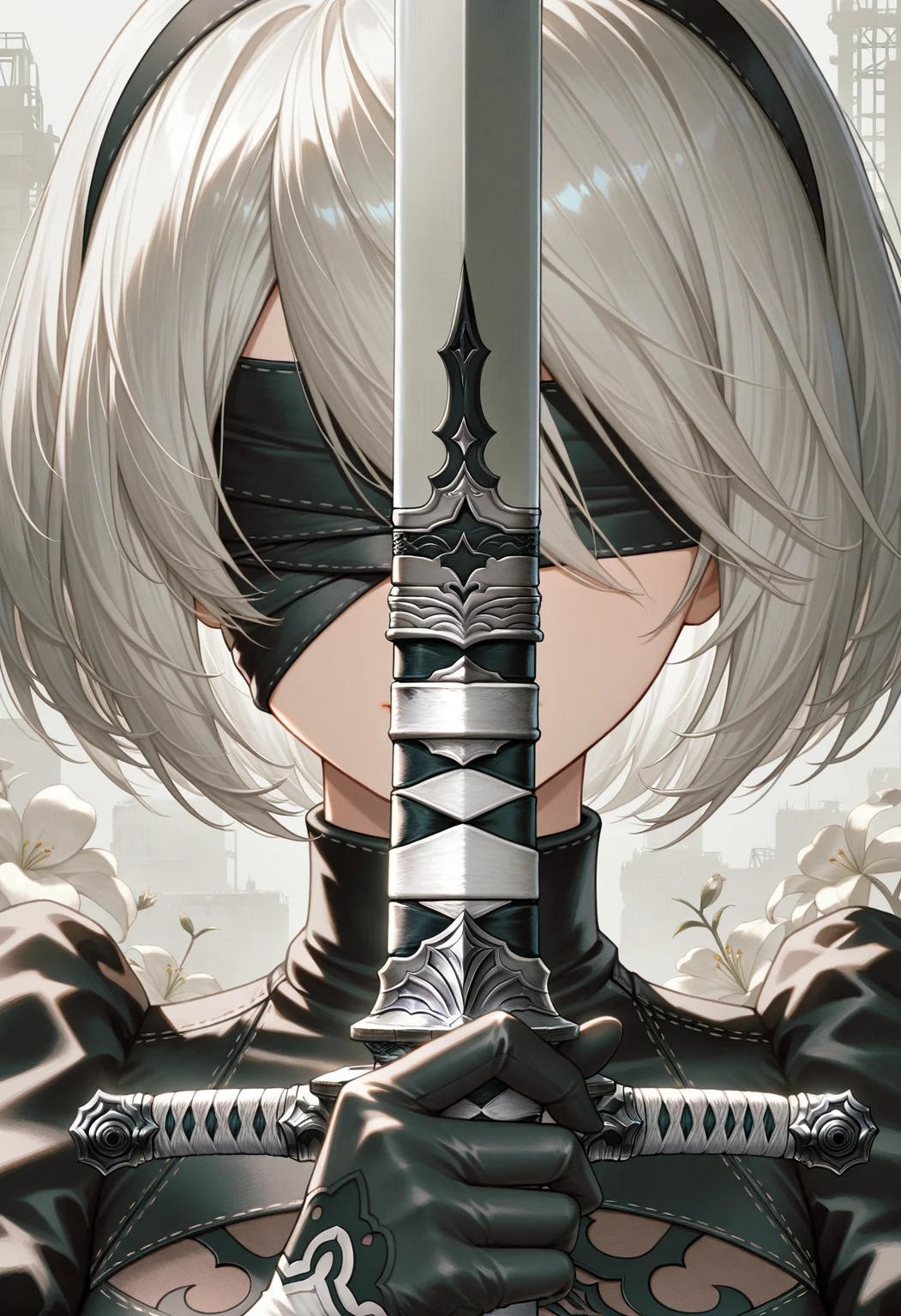 masterpiece, best quality, absurdres, highres, newest, 1girl, solo, <lora:swordsalute-pose-richy-v1_ixl:1> swordup, close-up, holding sword, gloves, 2b \(nier:automata\), blindfold,