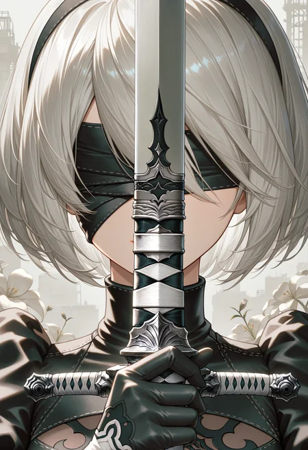 masterpiece, best quality, absurdres, highres, newest, 1girl, solo, <lora:swordsalute-pose-richy-v1_ixl:1> swordup, close-up, holding sword, gloves, 2b \(nier:automata\), blindfold,