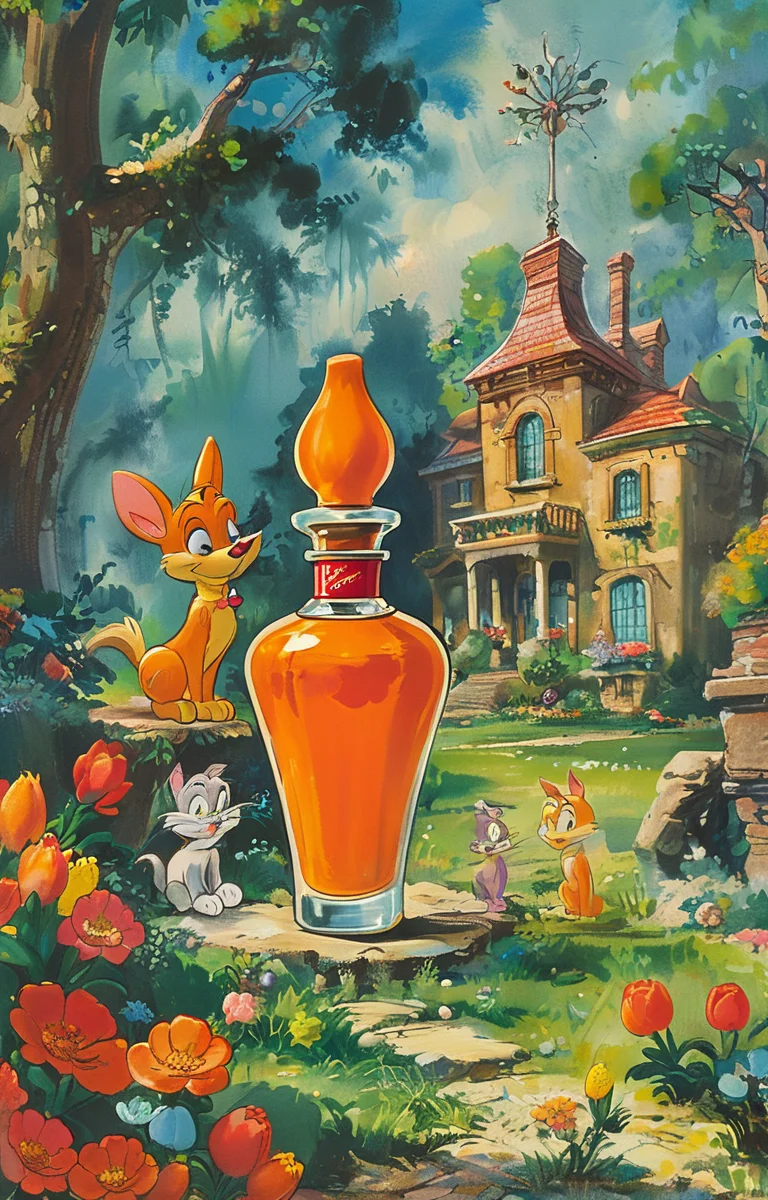 masterpiece,best quality,<lora:tbh285-sdxl:0.9>,illustration,style of Hanna-Barbera A bottle of perfume in garden
