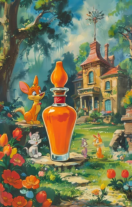 masterpiece,best quality,<lora:tbh285-sdxl:0.9>,illustration,style of Hanna-Barbera A bottle of perfume in garden