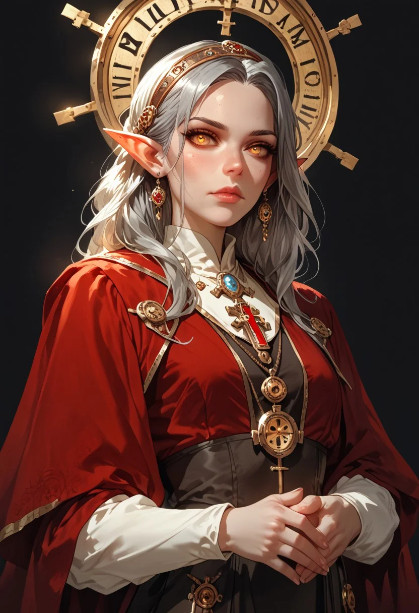 score_9, score_8_up, score_7_up, woman, simple background, black background, priest, cultist, (amber eyes), gorgeous, elf, pagan outfit, (occultist outfit), steampunk outfit, pale skin, solo, (black and red robes), pagan ornaments, mask, mystic jewelry, standing up straight, calm face, gray hair, mature, closed mouth, cowboy shot