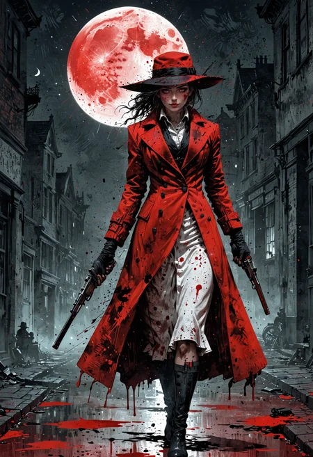 Illustration in red and black ink, distressed white paper, inkpunk, ink stains, ink splatter, drops, , empty street of a Victorian city and the figure of a woman in a suit, coat and cap with a revolver in her hand and a knife in the other emerging from shadow, moon, moonlight, <lora:EpicF4nta5yXL:0.8>