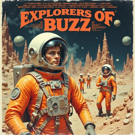 Vintage Sci-fi . An astronaut, dressed in brightly colored spacesuit with clear bubble helmet on a deserted planet. Craters are visible in the background as well as a very dark sky. In a vintage sci-fi font and red text on the top of the image is the text "EXPLORERS OF BUZZ",mvpstrCE style