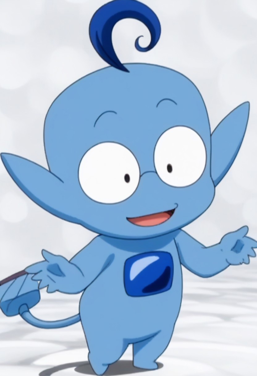 no humans, solo, pokemon(creature), wide-eyed, black eyes, glasses, ahoge, 1boy, blue skin, male focus, tail, pointy ears, full body, open mouth, smile, simple background, high quality