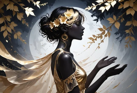 zPDXL3, ((score_9, score_8_up, score_7_up)), masterpiece, detailed, perfect face, perfect anatomy, 1boy, Cyrus the great, elven ears, slim body, black skin, golden dress, reaching, flower tree, silhouette_with_gold_foil, abstract, metallic shine, from side, dark background, Korosh