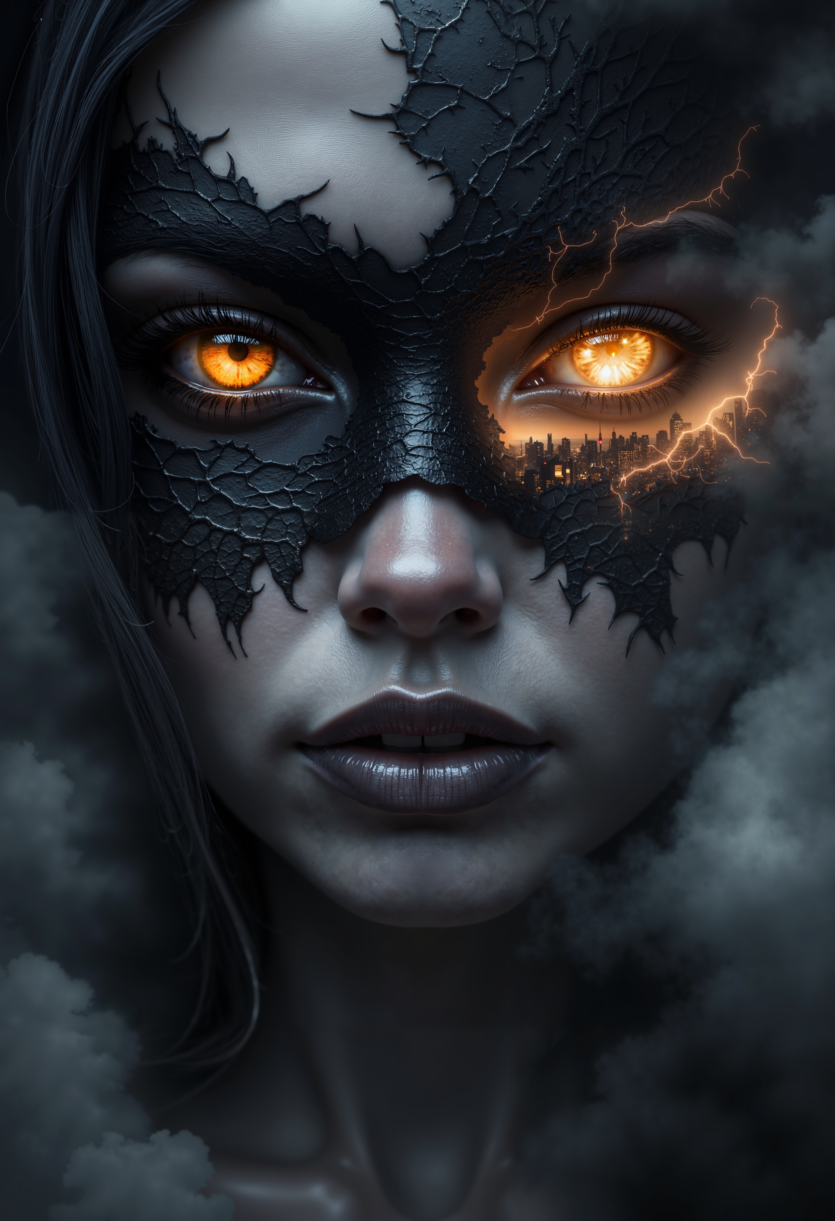 foggy, surreal dream, double exposure, living in a thunder cloud, bo-abyss, bo-cityscape, bo-exposure, bo-cyberpunk, bo-steampunk, a digital artwork depicting a close-up of a woman's face, the subject has a pale, almost black complexion with a rough, textured appearance, suggesting a blend of dark and light tones, her eyes are a striking, glowing yellow, adding a supernatural element to her appearance, and they are partially obscured by a black, leaf-like mask that covers her entire face, leaving her eyes and nose exposed, the mask is intricately designed with jagged, cracky edges, giving it a mystical, otherworldly look, the woman's lips are full and dark, matching the mask's color, the background is a dark, smoky gradient, with some areas appearing lighter and more muted, creating a sense of depth and contrast, the overall style is dark and moody, with a focus on texture and light, enhancing the eerie and mysterious atmosphere of the artwork, the artwork is highly detailed and realistic, capturing the essence of a fantasy or horror-themed character<lora:Flux\boFLUX digital-abyss.safetensors:0.8:0.8> <lora:Flux\boFLUX In the Sky v2.safetensors:1.0:1.0>