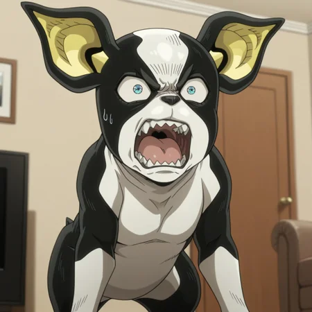 masterpiece, best quality, amazing quality, iggy, male, feral, furry male, solo, black fur, white fur, two-tone fur, yellow ears, blue eyes, black nose, paw pads, angry, yelling, open mouth, sharp teeth, wide-eyed, living room