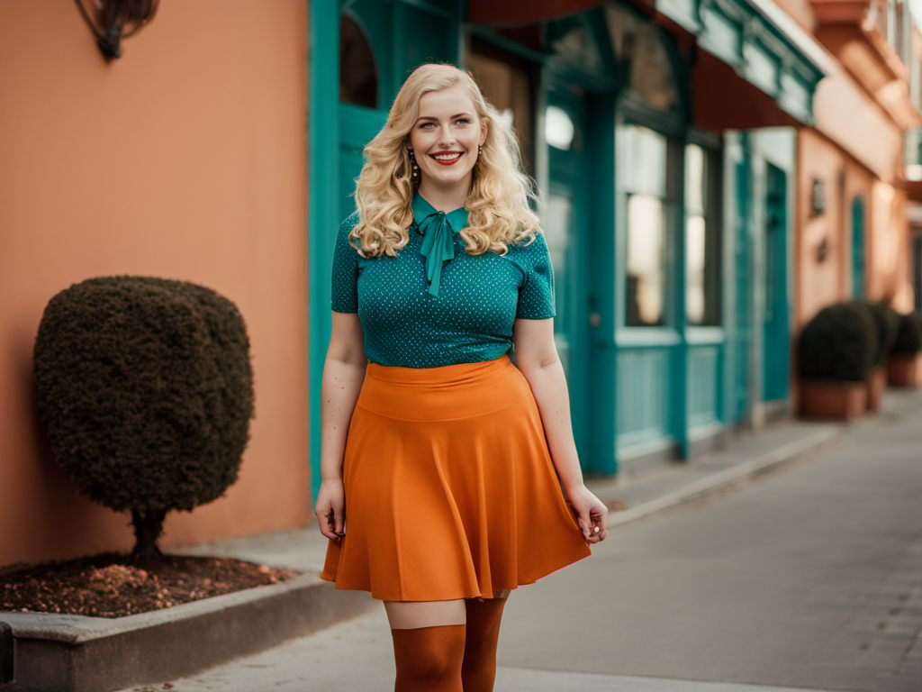 cinematic photo walking, happy (1 woman:1.3) corpulent blonde freckled Hannah Stein <lora:BarnumAtelier-SDXLa:1> portrait, full-body, orange skirt, teal tights, chic, (higheels:1.1), curvaceous,blushes, detailed skin, skin imperfections, skin pores, busystreet . 35mm photograph, film, bokeh, professional, 4k, highly detailed