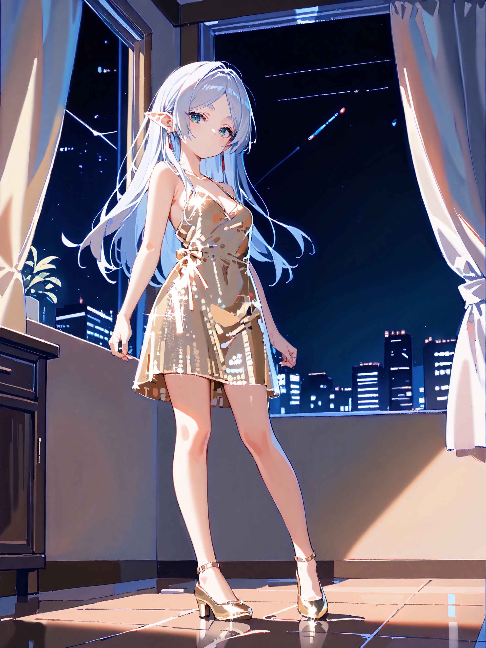 1girl, frieren, solo, medium breasts, <lora:pony-disco_dress:1>, disco dress, hair down, long hair, silver hair, full body, gold footwear, pumps, standing, contrapposto, looking at viewer, expressionless, floor to ceiling window, indoors, night sky, skyline, cityscape, depth of field score_9, score_8_up, score_7_up, source_anime, ray tracing, best quality,  <lora:Char-Frieren-Pony-V1:0.9:hr=0.5>,