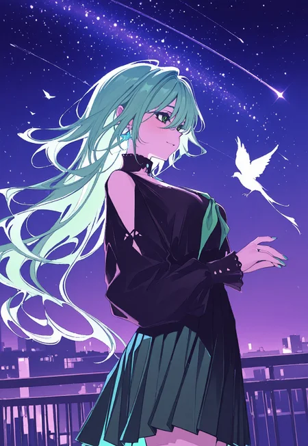 safe_pos, masterpiece, best quality, good quality, newest, highres, absurdres, volumetric lighting,gradient color, Vibrant Contrast, gradient colors, flat color, no lineart
1girl, solo, green eyes, green hair, long hair, hair between eyes, bangs, green nails, black blouse, long sleeves, a pleated skirt, and a green neckerchief, standing at the edge of a school rooftop,smiles,blue ombre tips ,gazing at the stars,gentle breeze, hair flowing, night, shooting star streaks across the sky,starry night,
bird, butterfly, jewelry, earrings, blush, from side, low angle, looking at animal, ,abstract, detailed, glowing stars, background, glitch