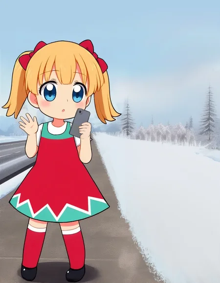 the image is an anime screencap of a whimsically decorated Cartoonish gingerbread car pulled on the shoulder to the side of the highway, it looks like a broken down Fiat 126 with flat tire, with colorful candy and frosting accents. prominently featured close in a three-quarters shot in the foreground of the image on the right side is a chibi tsundere girl with big blue eyes and blonde twintails wearing a santa dress with a teal triangle geometric border, red zettai ryouki thighhigh socks, standing in front of the candy car on the side of the highway in winter, she is holding sign that says "PLZ Give buzz to fix car"