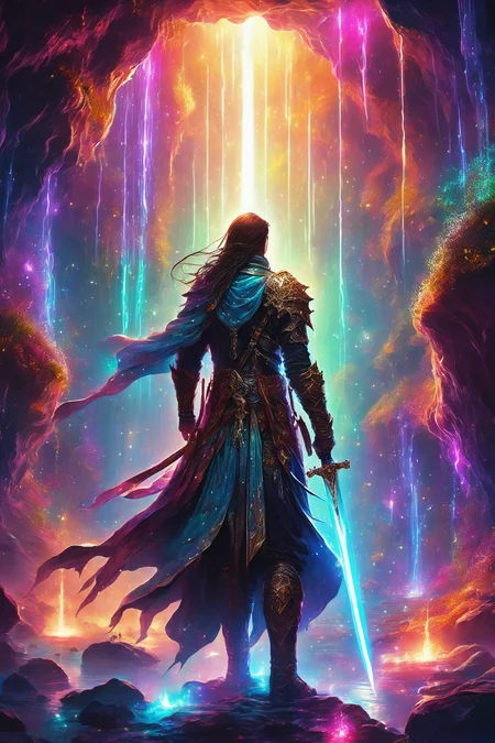 highly detailed fantasy art, a male swordsman standing in a cave, magical lighting, luminous particles in the air, colorful composition, eerie