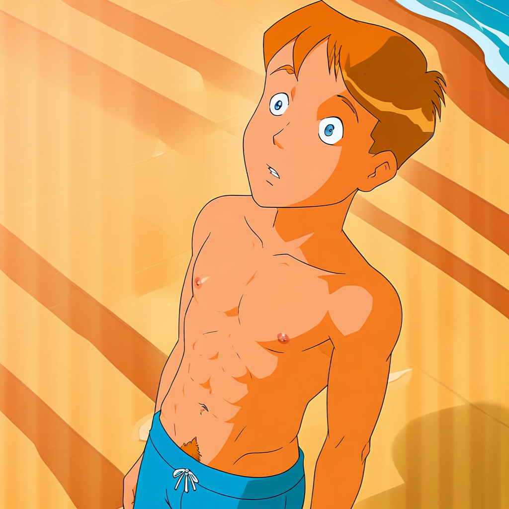 embedding:Pony\Positive\zPDXL3, masterpiece, best quality, good quality, male focus, jason_hightower_totally_spies, solo, aged up, 18 years old, 1boy, mature male, mature man's body, male focus, high resolution, slim body, outdoors, beach, sand, coney island, large head, wide head, short hair, reddish-orange hair, reddish-orange eyebrows, blue eyes, reddish-orange sideburns, reddish-orange thin goatee, topless male, blue swimtrunks, beach background, barechest, pectorals, nipples, navel, abs, pubic hair