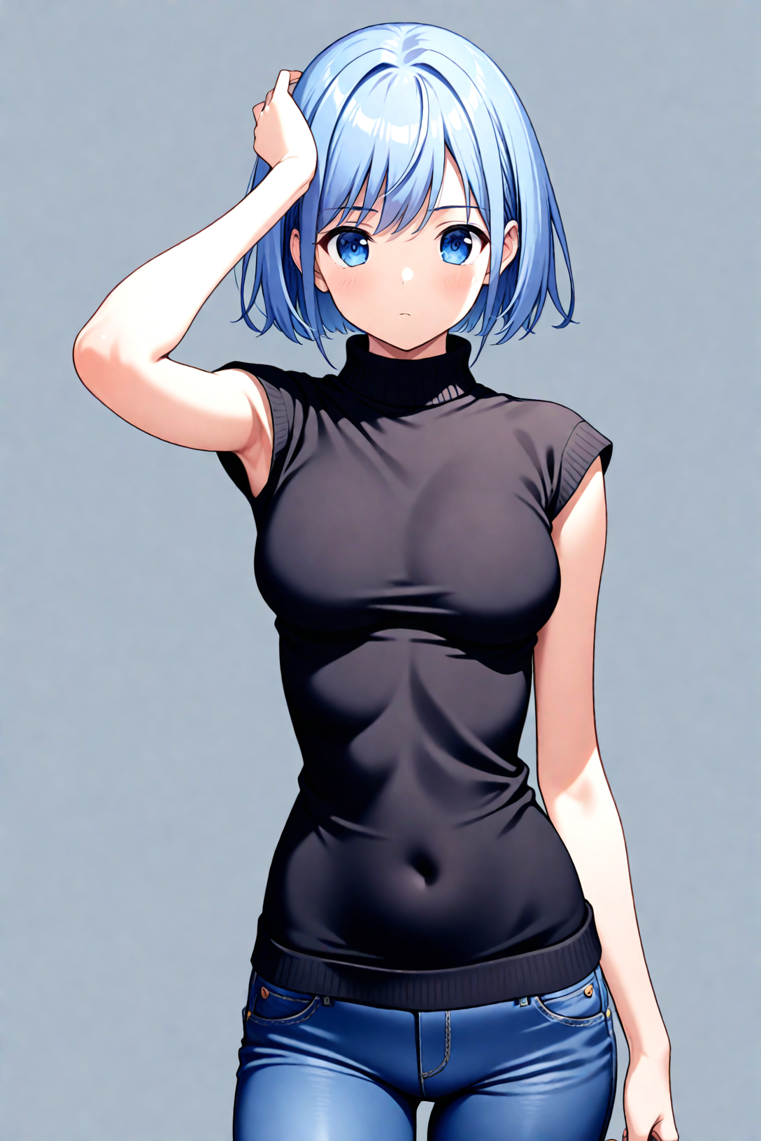 1girl, cowboy shot, standing, short hair, blue hair, blue eyes, black sweater, turtleneck sweater, cap sleeves, jeans, arm up, hand on own head