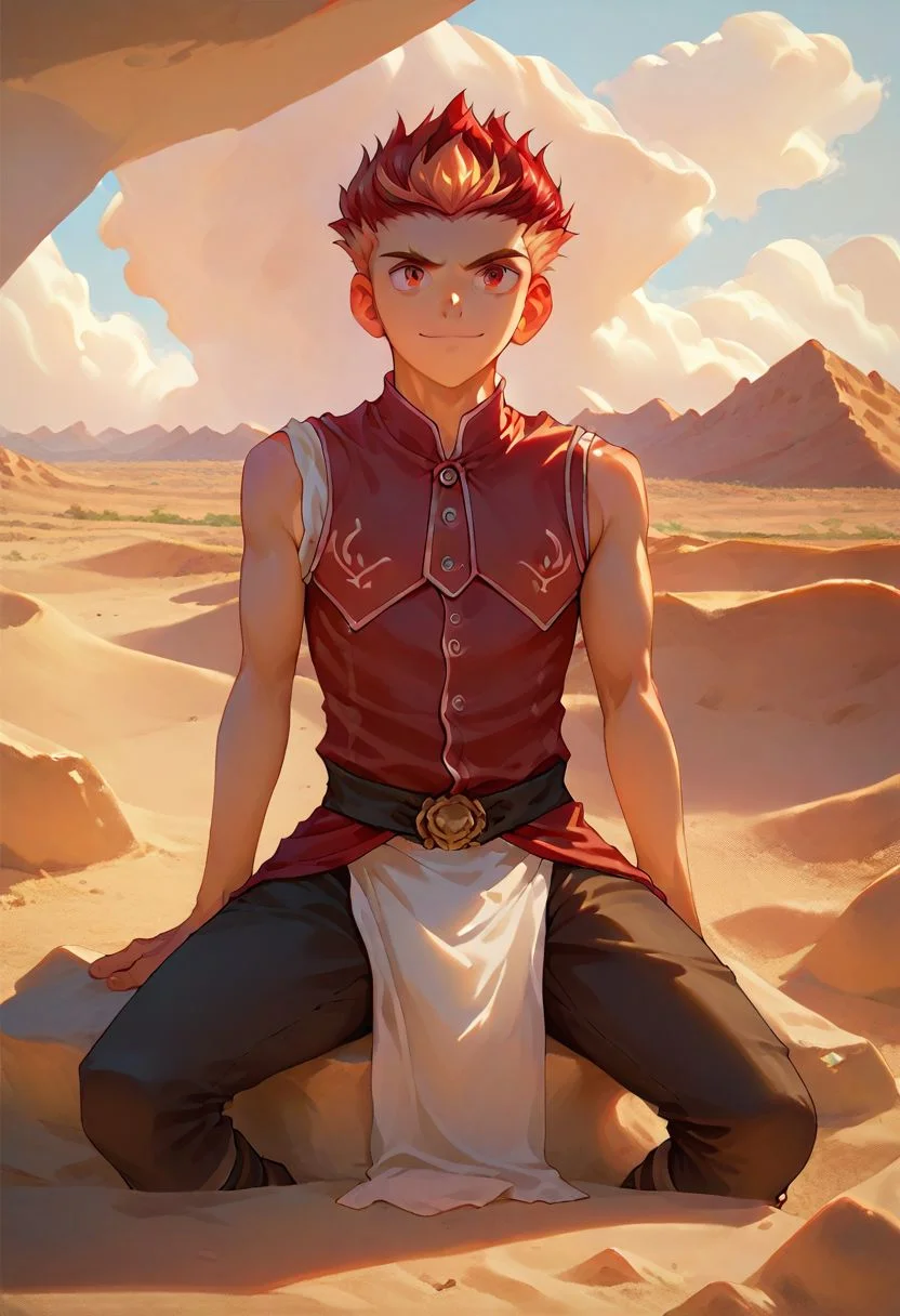 score_9, score_8_up, score_8_up, 1boy, handsome twink, masterpiece, gold and crimson hair, crimson eyes, medieval clothing, medieval pants, medieval shirt, detailed cloth clothing, detailed background, flat desert background, sandy desert, sitting on a rock, taiga, neutral expression, light smile, light tan