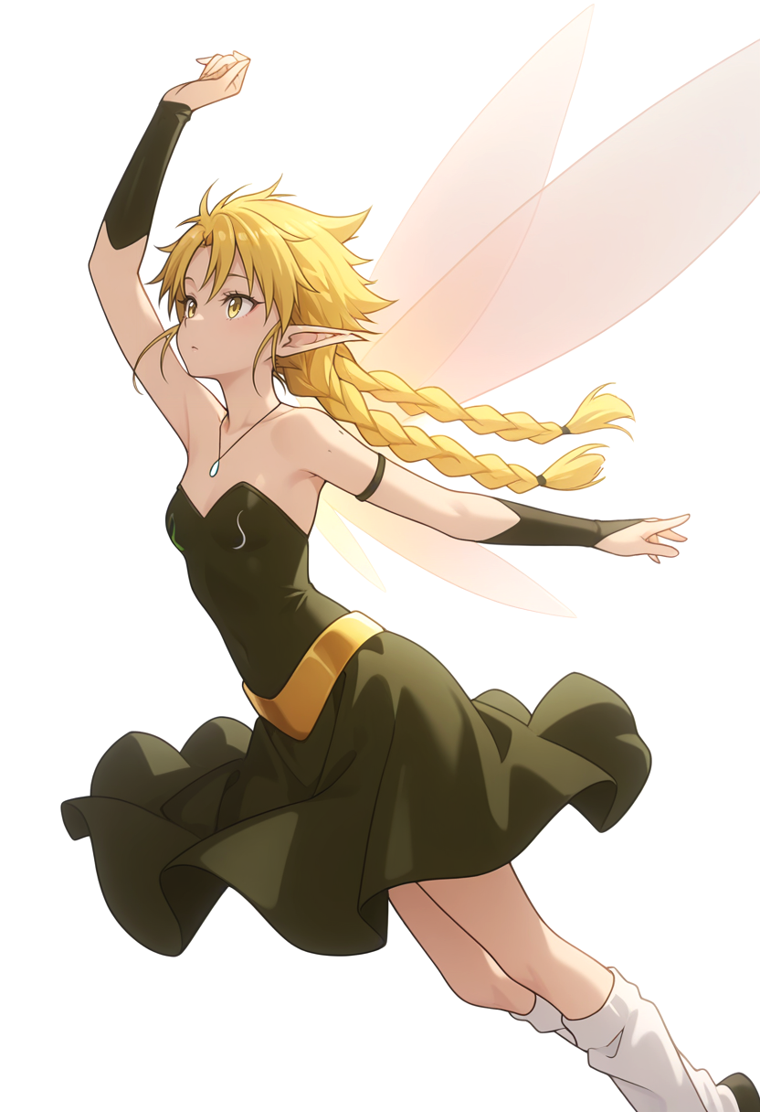 Smooth Quality,masterpiece,very intricate, high quality details, ultra realistic, high detailed skin,detailed enviorement,absurdres, 
simple background, white background, 
dynamic angle,dancing,
uwu,solo, 
 <lora:Ramiriscnn:0.8> ramiriscnn, 1girl, fairy, minigirl, blonde hair, yellow eyes, pointy ears, long hair, twin braids,small breasts,fairy wings, bare shoulders, peplum top,  ,jacket, ,flared skirt,  ,