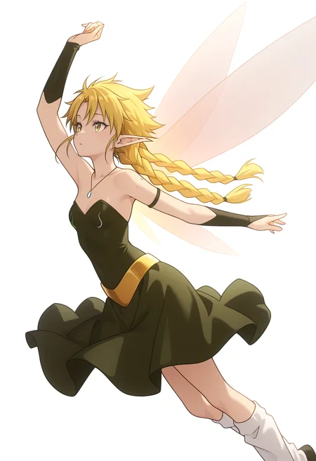 Smooth Quality,masterpiece,very intricate, high quality details, ultra realistic, high detailed skin,detailed enviorement,absurdres, 
simple background, white background, 
dynamic angle,dancing,
uwu,solo, 
 <lora:Ramiriscnn:0.8> ramiriscnn, 1girl, fairy, minigirl, blonde hair, yellow eyes, pointy ears, long hair, twin braids,small breasts,fairy wings, bare shoulders, peplum top,  ,jacket, ,flared skirt,  ,