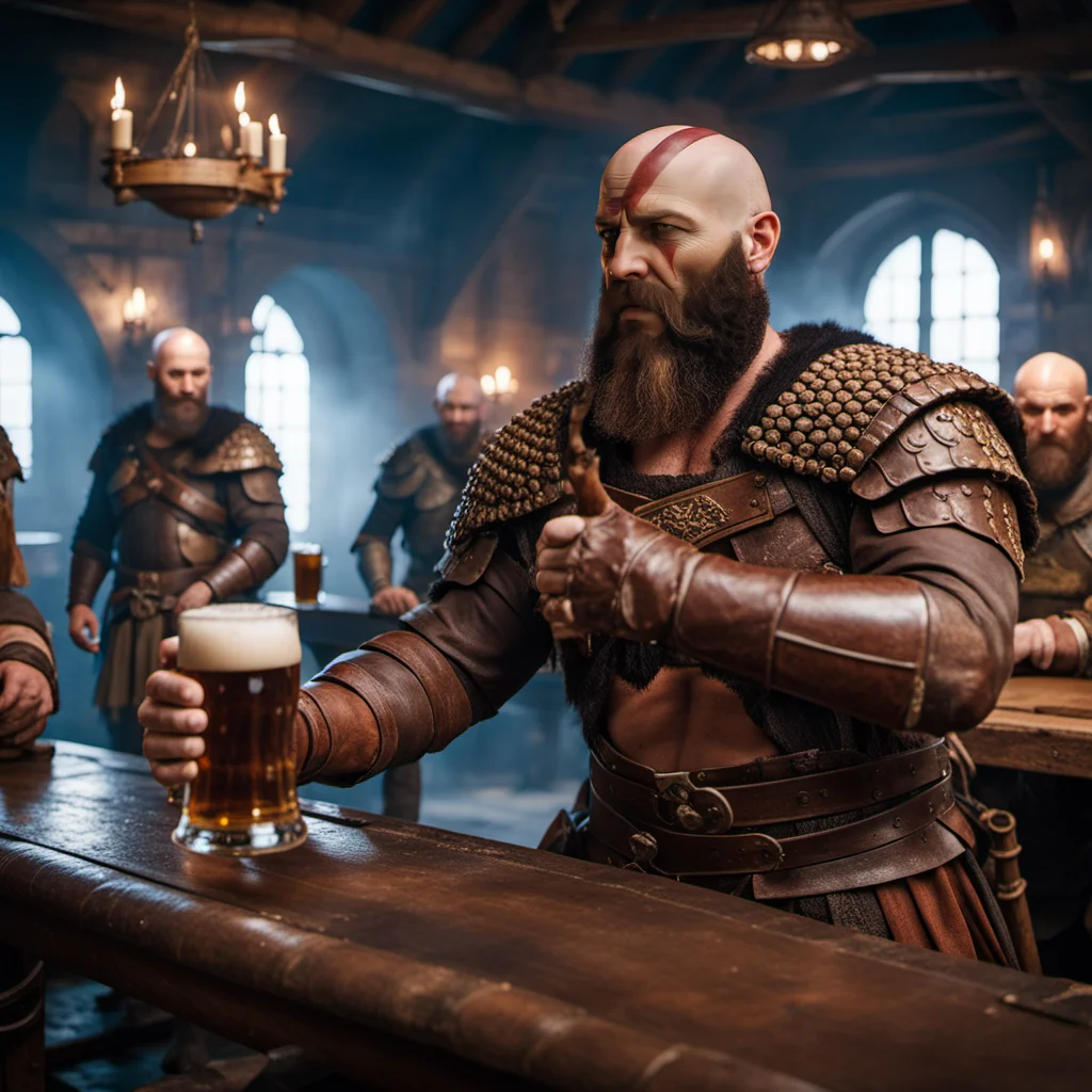 a bald bearded man, full body, with war paint in a mediaval tavern drinking a beer<lora:Kratos1024-000510:0.7>