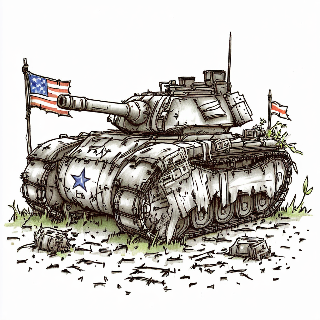 ArsMJStyle, Whimsical Mechanica, Line Drawing, The image is a black and white sketch of a military tank. The tank is in a crouched position with its body facing towards the left side of the image. It has a large gun barrel on the top with a small flag on the right side. The body of the tank is covered in rust and debris with patches of paint and dirt scattered around. There are also some plants and shrubs growing around the tank suggesting that it is in an urban area. The overall style of the sketch is rough and sketchy with bold lines and shading., ground vehicle, motor vehicle, no humans, military vehicle, tank, military, grass, flag, vehicle focus, caterpillar tracks  <lora:Whimsical_Mechanica_Line_DrawingSDXL:1>