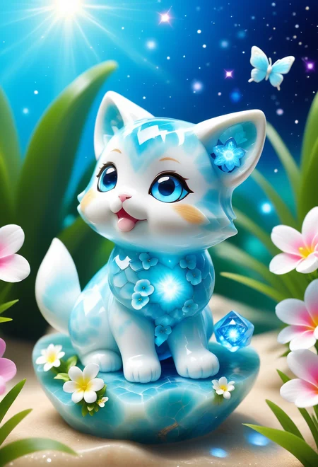 a cute chibi domestic animal made of reij-lmlrmr <lora:lumilarimar-000003:0.9>, cuteness overload, surrounded by stardust,, sitting in a river surrounded by flowers