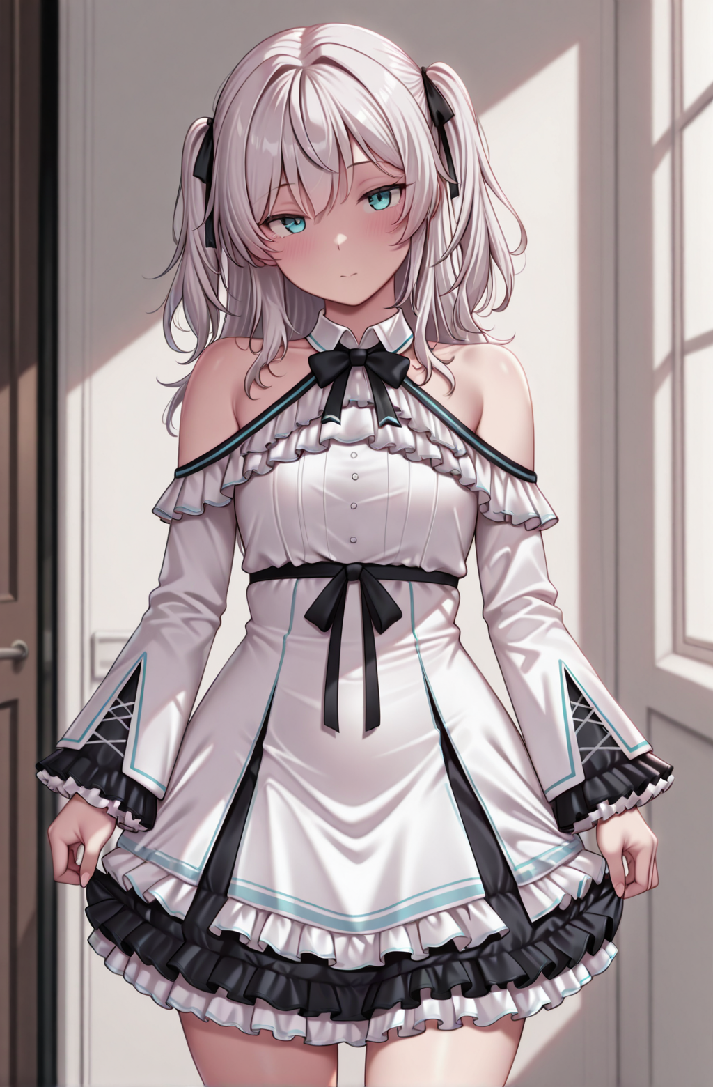 masterpiece,best quality,amazing quality,
1girl,nebelkanacasual frilled dress, cowboy shot,bare shoulders, detached collar,  <lora:KanaNebelCausalRebornV1-IXL:1>