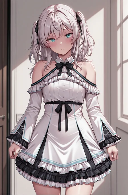 masterpiece,best quality,amazing quality,
1girl,nebelkanacasual frilled dress, cowboy shot,bare shoulders, detached collar,  <lora:KanaNebelCausalRebornV1-IXL:1>