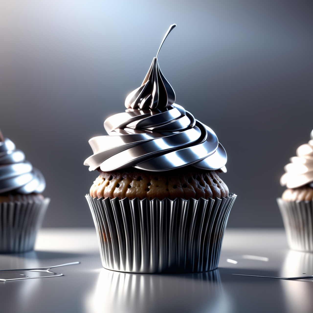 a cupcake made out of Jed-Steel, masterpiece, wallpaper engine, octane render ,  <lora:PolishedSteelStyle:0.7>