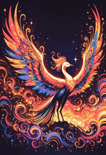 no human ,silhouette painting ,1 bird , phoenix , colorful feather ,darkness , eye ,swirling , abstract, open wings ,
masterpiece, best quality ,amazing quality ,Bright_illu ,sparkle ,too many light particles,psyc0d3l1c ,Protoneon , sometyome_illu ,
