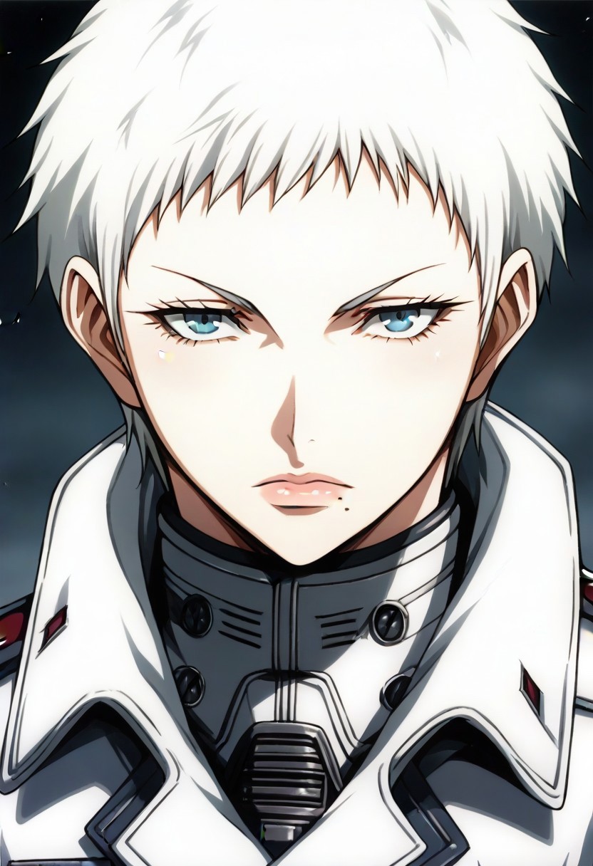 1girl, solo, ElenaP, Human Female, Short Hair, White Hair, Blue Eyes, Mole, Mole Under Mouth, White Uniform, Military Uniform,