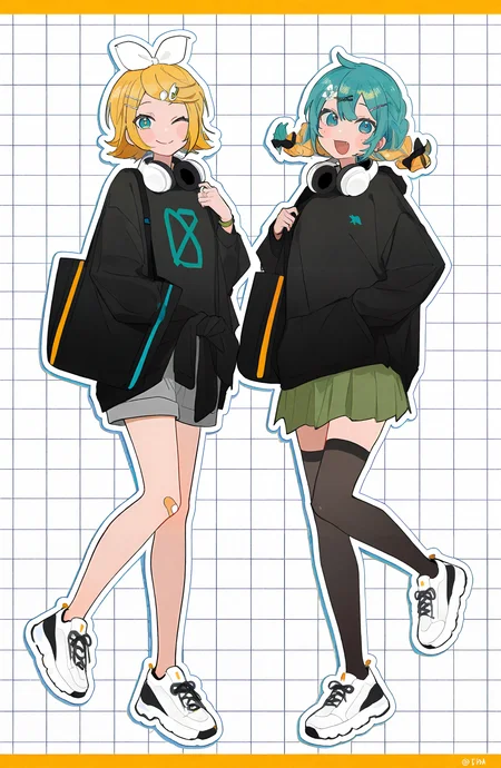 hatsune_miku, kagamine_rin, kagamine_len, looking_at_viewer, smile, open_mouth, short_hair, blue_eyes, shirt, skirt, blonde_hair, multiple_girls, hair_ornament, thighhighs, bow, 2girls, twintails, standing, jacket, full_body, braid, short_sleeves, hair_bow, pleated_skirt, one_eye_closed, shorts, shoes, pants, hairclip, black_thighhighs, bag, twin_braids, aqua_eyes, black_shirt, zettai_ryouiki, aqua_hair, headphones, white_footwear, white_bow, sneakers, green_skirt, bandaid, outline, white_outline, grey_pants, clothes_around_waist, headphones_around_neck, jacket_around_waist, grid_background