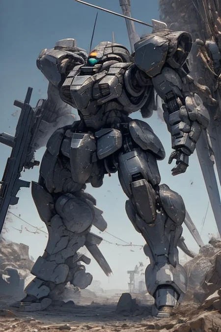 edge quality, perspective silhouette, 8k, best quality, masterpiece, extremely detailed, rule of thirds, photorealistic, superb, HDR, high resolution, sharp focus, photorealistic rendering, extremely detailed description, professional, gorgeous and intricate detail,
Mecha, mech, solo focus, Zeon, zaku, retro, industrial design:0.5, robot, one-eyed, science_fiction, glowing eye, green, purple armor, blue armor, spikes on shoulder, weapon, ((holding weapon, holding gun)), rounded armor plates, rounded head, 
full body, subject in frame
chara-sheet