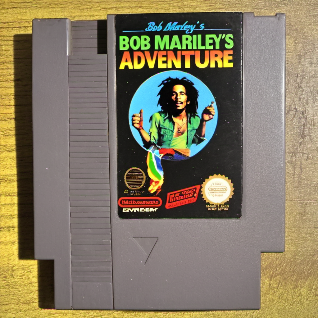 <lora:nes:1>  nes video game cartridge, Bob Marley's Adventure, english text, no humans, solo,  parody