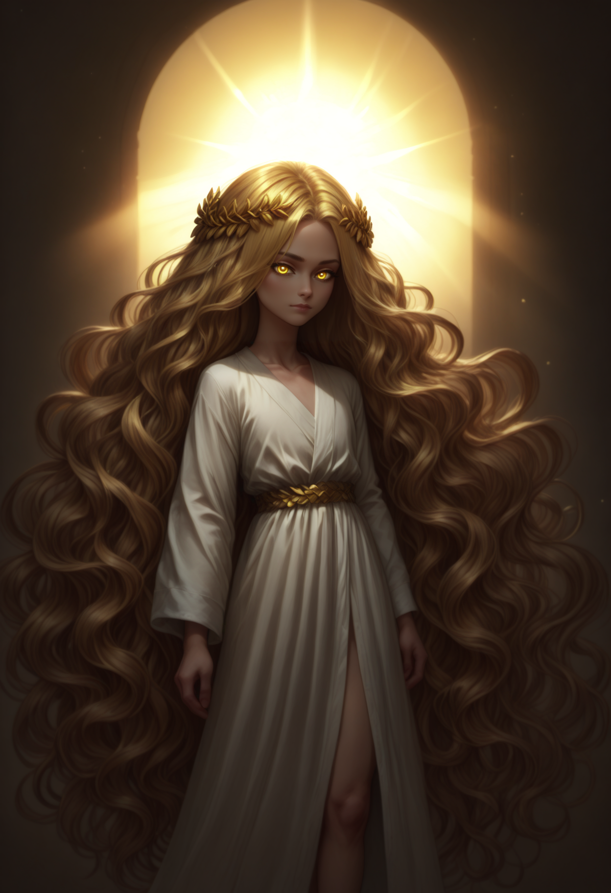 score_9_up, score_8_up, score_7_up, miquella, standing, 1boy, golden laurel wreath crown, absurdly long hair, wavy blonde hair, glowing-yellow-eyes, legs, white robe, realistic skin details, sun, sunlight, rays of sun, light shafts, <lora:FloorLengthHair:0.7>, <lora:miqeulla:0.7>