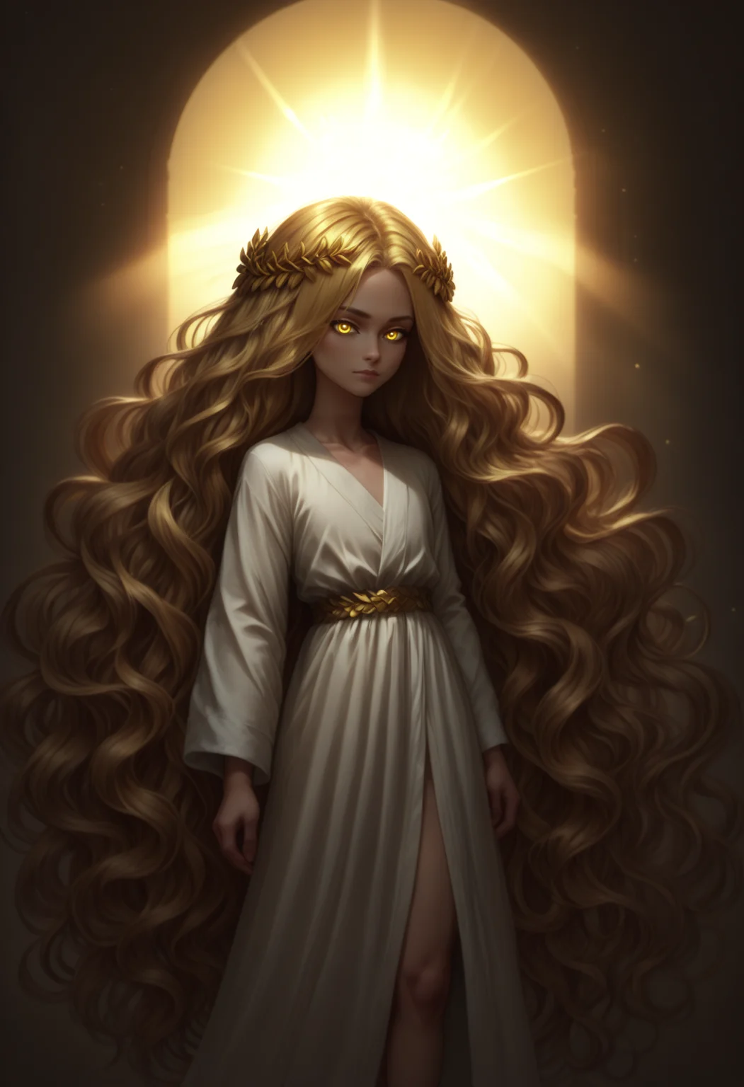 score_9_up, score_8_up, score_7_up, miquella, standing, 1boy, golden laurel wreath crown, absurdly long hair, wavy blonde hair, glowing-yellow-eyes, legs, white robe, realistic skin details, sun, sunlight, rays of sun, light shafts, <lora:FloorLengthHair:0.7>, <lora:miqeulla:0.7>