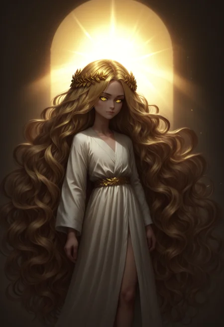 score_9_up, score_8_up, score_7_up, miquella, standing, 1boy, golden laurel wreath crown, absurdly long hair, wavy blonde hair, glowing-yellow-eyes, legs, white robe, realistic skin details, sun, sunlight, rays of sun, light shafts, <lora:FloorLengthHair:0.7>, <lora:miqeulla:0.7>