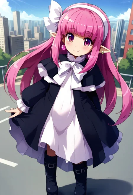 score_9, score_8_up, score_7_up,source_anime,long sleeve,black long dress,Slit in the center dress,pink hair,very long hair,pink eyes,capelet,black Long boots,blunt bangs,long dress,earrings,white hair ribbon,white hairband,pointy ears,ribbon,outdoor,kind smile,blush,city,day,Sunshine,