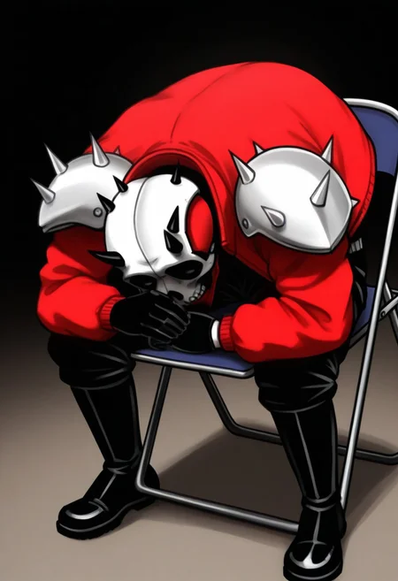 DedSeck, 1boy, solo, black gloves, red jacket, skull mask with horns, helmet, armor, black boots, shoulder_spikes
shinji in a chair (meme), bent back, folding chair, meme, hunched over, depressed, head down, despair, chair,