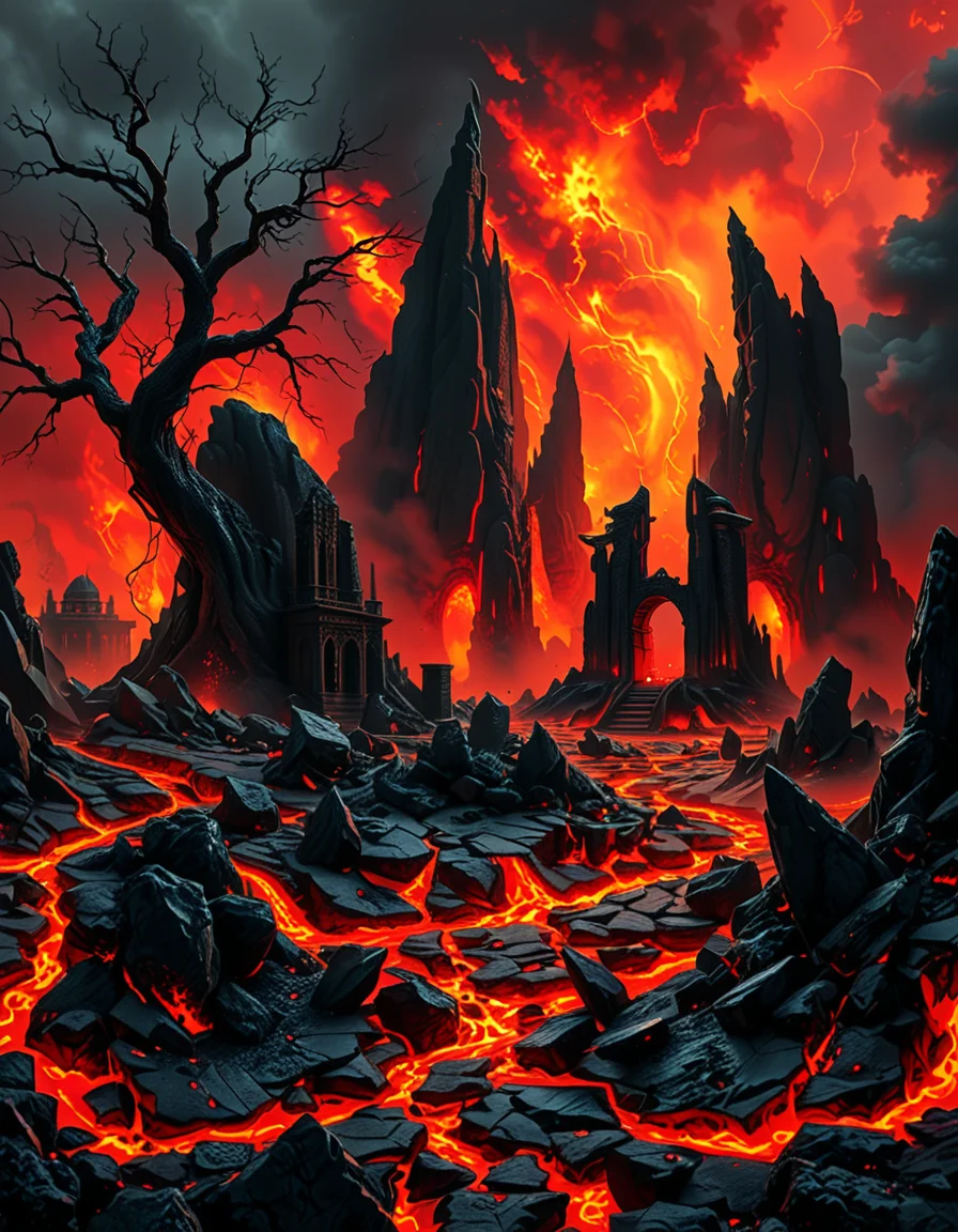A terrifying and surreal depiction of the depths of Hell. The landscape is vast and nightmarish, filled with jagged obsidian cliffs, rivers of molten lava, and towering spires of blackened rock. The sky is a swirling vortex of crimson and black, illuminated by eerie, flickering flames. Chains dangle from massive, decaying arches, and tormented souls writhe in agony, their ghostly figures stretching toward the burning sky. Demonic creatures with twisted horns and glowing eyes lurk in the shadows, watching hungrily. The ground is cracked and scorched, exhaling thick plumes of sulfuric smoke. In the distance, a colossal, menacing throne made of skulls and bones looms over the infernal landscape, occupied by a shadowy, horned figure. The atmosphere is thick with despair, enhanced by a dramatic, chiaroscuro lighting effect that contrasts the deep shadows with the hellish glow of the flames. Hyper-realistic, highly detailed, dark fantasy style.
<lora:SDXLFaeTastic2400:0.4> <lora:extremely_detailed:0.4> extremely detailed,<lora:depths_of_h3ll:1>,depths of h3ll, Masterpiece,best quality,hi res,8k,hi res,8k,award winning,(sharp focus, intricate, highly detailed),