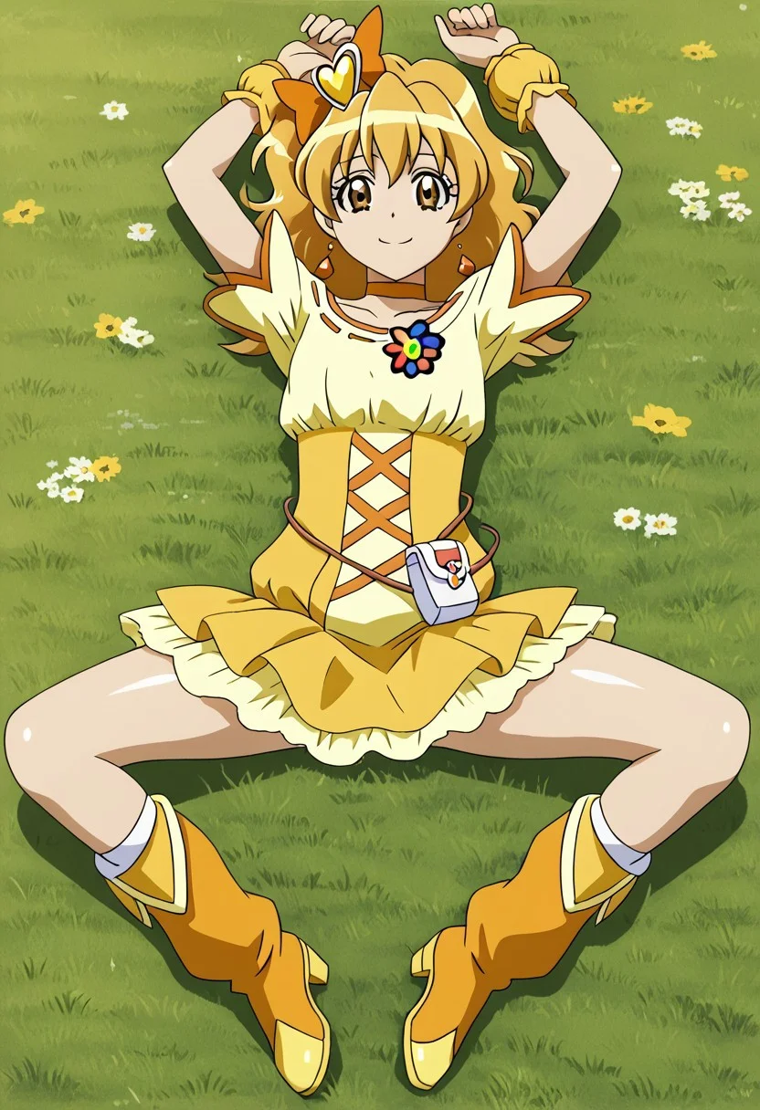 detailed background, shiny skin, posing,
<lora:curepine.pony:1>,
curepine, wide hips,
high quality, solo, lying, on back, arms up, spread arms, spread legs, closed mouth, on grass, full body, looking at viewer, smile, best quality
