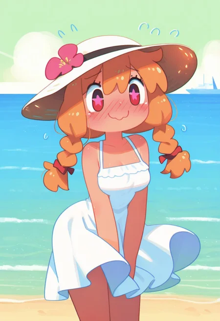1 girl , solo ,(large hips , medium breasts) , tan skin , round face , big eye , happy , cute , playful , braided twintails , freckle , sunhat , long hair , orange hair , blushing , ocean , sandy beach , embarrassed smile , sundress ,
masterpiece, best quality ,amazing quality , haiz_ai , PRFRV Style, atmospheric lighting, no lineart, no outline,