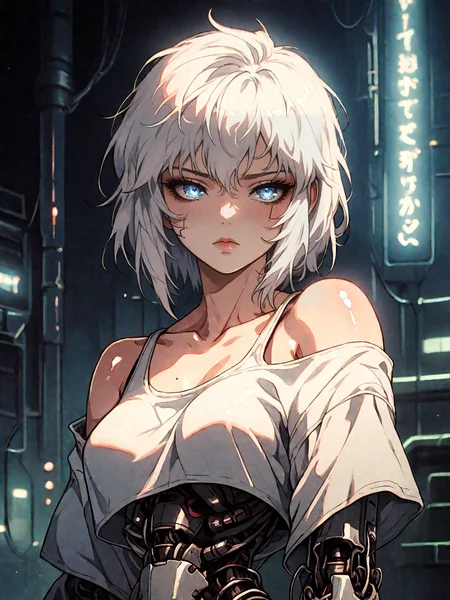 score_9, score_8_up, score_7_up, score_6_up, score_5_up, score_4_up,
BREAK
vintage, 1990s \(style\),
a gorgeous girl over a future cityscape, white hair, medium hair, depth of field, oversized shirt, off one shoulder, (shiny skin:1.4), cold lighting, detailed face, clear eyes, depth of field, messy hair, (intricate), shy, sky blue eyes, detailed eyes, detailed background, neon trim, neon lights,
<lora:OldAnimeStyle_XL_v3:0.5> <lora:RetroMangaV2PonyXL-000005:.8>
score_9, film grain, female focus, source_anime, solo, science fiction, mechanical parts, mechanical body, mechanical arms, cyborg, cyberpunk, looking at viewer, upper body, glowing