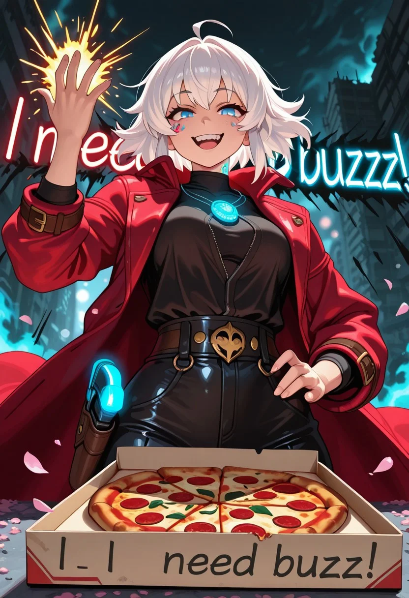 (ULTIMATE STYLE BOMB:1.4), (masterpiece, absurdres:1.5, 8K, Unreal Engine 5),  
1man, [Dante:Devil May Cry:0.95], ICONIC elements:  
- PLATINUM WHITE HAIR swept back,  
- PIERCING BLUE EYES with mischievous glint,  
- SIGNATURE RED TRENCH COAT (dynamic flow:1.3),  
- UNBUTTONED BLACK SHIRT (exposing demonic tattoo),  
- EBONY & IVORY pistols holstered at hips,  
<ACTION FOCUS:  
  - Dominant hand: DEVOURING SLICE OF PEPPERONI PIZZA,  
  - Raised hand: (((pizza box with message "I NEED BUZZ", EMPTY PIZZA BOX with GLOWING NEON TEXT: "FEED MY STYLE! DONATE BUZZ!"))),  
  - MID-AIR KICK shattering demonic crystal,  
  - FOOT STOMP pinning DOWNED DEMON (ooze splatter effects)>,  
AESTHETIC MAYHEM:  
- Rain-drenched URBAN RUINS (Temen-ni-gru silhouette background),  
- Shattered AMULET halves floating near waist (blue glow),  
- Cherry blossom petals mixed with falling debris,  
- CINEMATIC LIGHTING: neon bar sign flickering ("Devil Never Cry"),  
- VOLUMETRIC SMOKE from gunfire/grenades,  
- BLOOD MOON bokeh + electric sparks,  
CHARACTER ESSENCE:  
- SMIRKING with pizza cheese stretch,  
- LAUGHING mid-combat (visible teeth),  
- Slight STRAWBERRY SUNDAE stain on coat collar (anime reference),  
- "SSS RANK" aura glow around body,  
TECH & VIRAL TRIGGERS:  
trending on ArtStation, hyperdetailed fabric wrinkles, subsurface scattering on skin,  
sharp focus on pizza box text, ambient occlusion, depth of field,  
vibrant comic-book colors, dramatic perspective (low angle)
