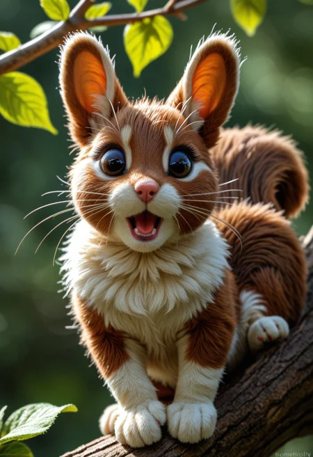 A lifelike depiction of a fantastical hybrid animal combining the most adorable features of a puppy, bunny, and squirrel. The creature is rendered with hyper-realistic detail, showcasing soft, velvety fur that transitions seamlessly from creamy whites to black and golden hues.
Its large, expressive eyes glisten with a lifelike shine, framed by delicate lashes, exuding curiosity and sweetness. The creature has floppy, bunny-like ears that fold gently around its small, rounded head, while its tiny nose and slightly open mouth reveal a playful, puppy-like demeanor. The bushy, squirrel-like tail is plush and textured, curled elegantly as it perches on a tree branch.
The environment is rich with natural detail: soft sunlight filters through leaves, illuminating the creature’s fur, while the bark of the tree and surrounding wildflowers add to the realism. Every detail, from the fine whiskers to the faint shimmer in its fur, contributes to a heartwarming and magical scene, blending fantasy with photorealism.
Keywords/Tags: Hyper-Realistic, Hybrid Animal, Puppy-Bunny-Squirrel, Adorable, Fluffy, Photorealism, Nature, Whimsical, Magical Creature, Realistic Fantasy, Innocent and Playful. cutelittleanimals