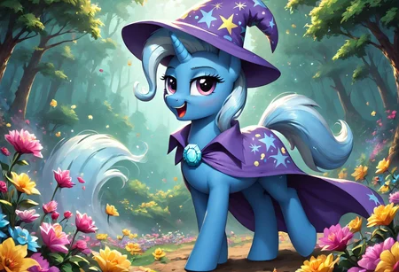 Trixie mlp dancing in a flower=filled forest in the night moonlight . solo, (Fecto Elfilis:1.2), blue fur, wizard cape multicolored eyes, colored sclera, (feral pony:1.2), , fluffy tail, forest, morning, happy, dancing, beautiful, detailed, masterpiece, score_9_up, score_8_up, score_7_up, (brightly colored flowers:1.2), vibrant, dynamic background, high resolution,