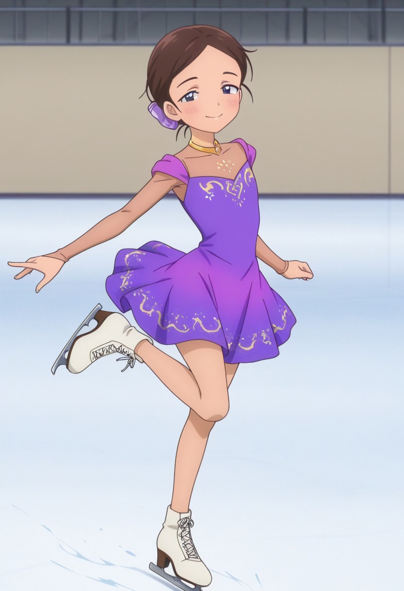 Masterpiece , best quality , amazing quality , anime screencap   , ice skater , a girl , emayamato , purple sleeveless dress , brown hair  , leg lift , ice skating ,  looking at viewer, smile