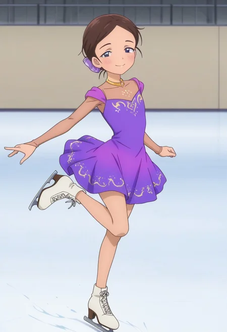 Masterpiece , best quality , amazing quality , anime screencap   , ice skater , a girl , emayamato , purple sleeveless dress , brown hair  , leg lift , ice skating ,  looking at viewer, smile