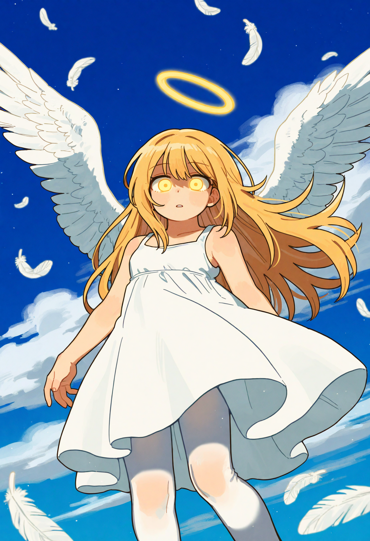 best quality, amazing quality, very aesthetic, absurdres,
BREAK
1girl, long hair, blonde hair, white theme, angel wings, white dress, feathers, sky, detailed background, white background, halo, white pantyhose, spread wings, outstretched, blue sky, cloud,
looking at viewer, yellow eyes, glowing eyes,   <lora:Sihyun25Noob_byKonan:1>